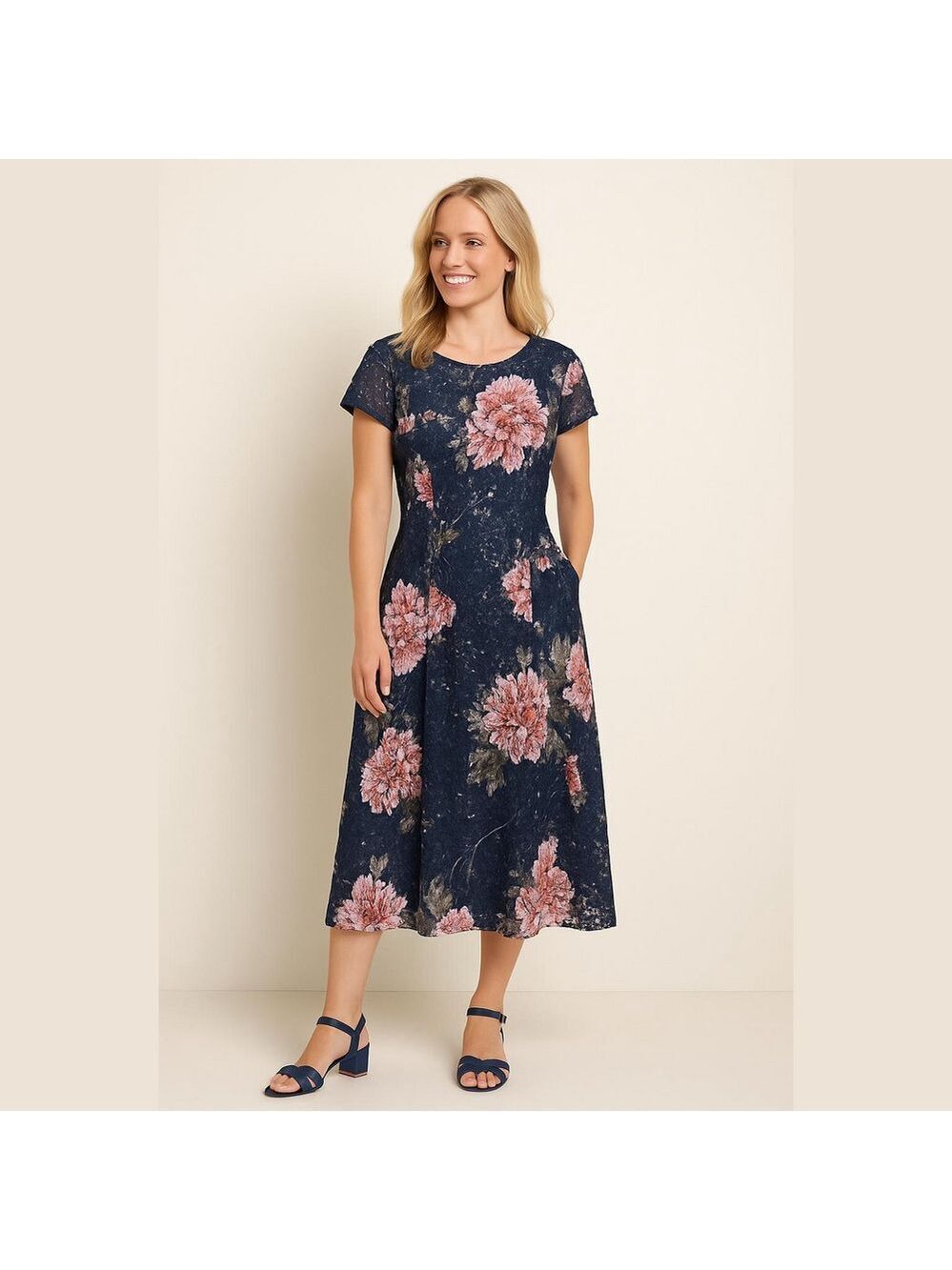 IGNITE EVENINGS Women’s Short Hair Midi Floral Navy Lace Dress Sz 6